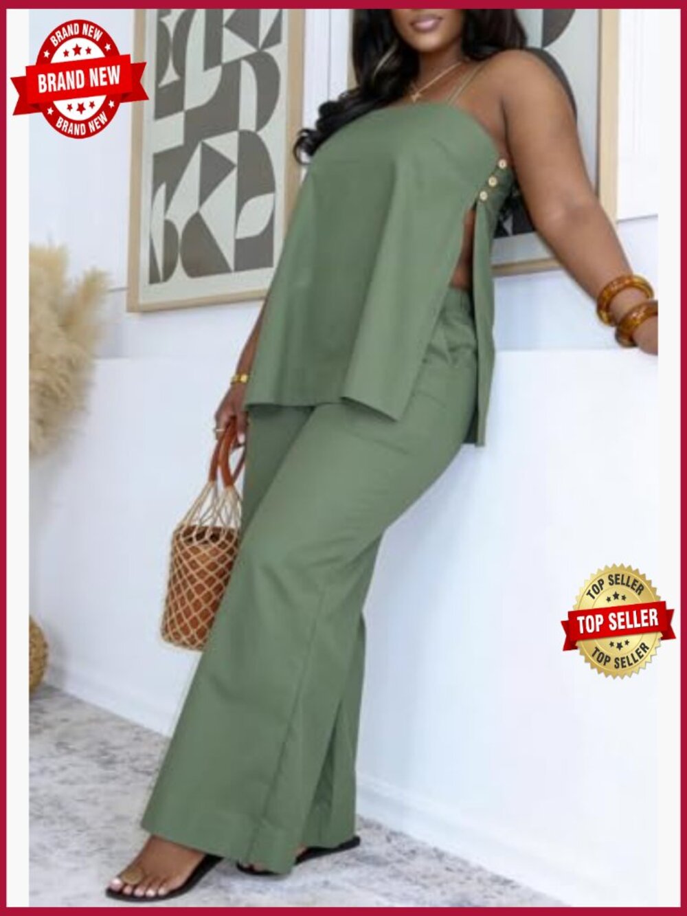 2 Piece Linen Lounge Set Slit Cami Top Baggy Pants Plus Size - Picture 2 of 7